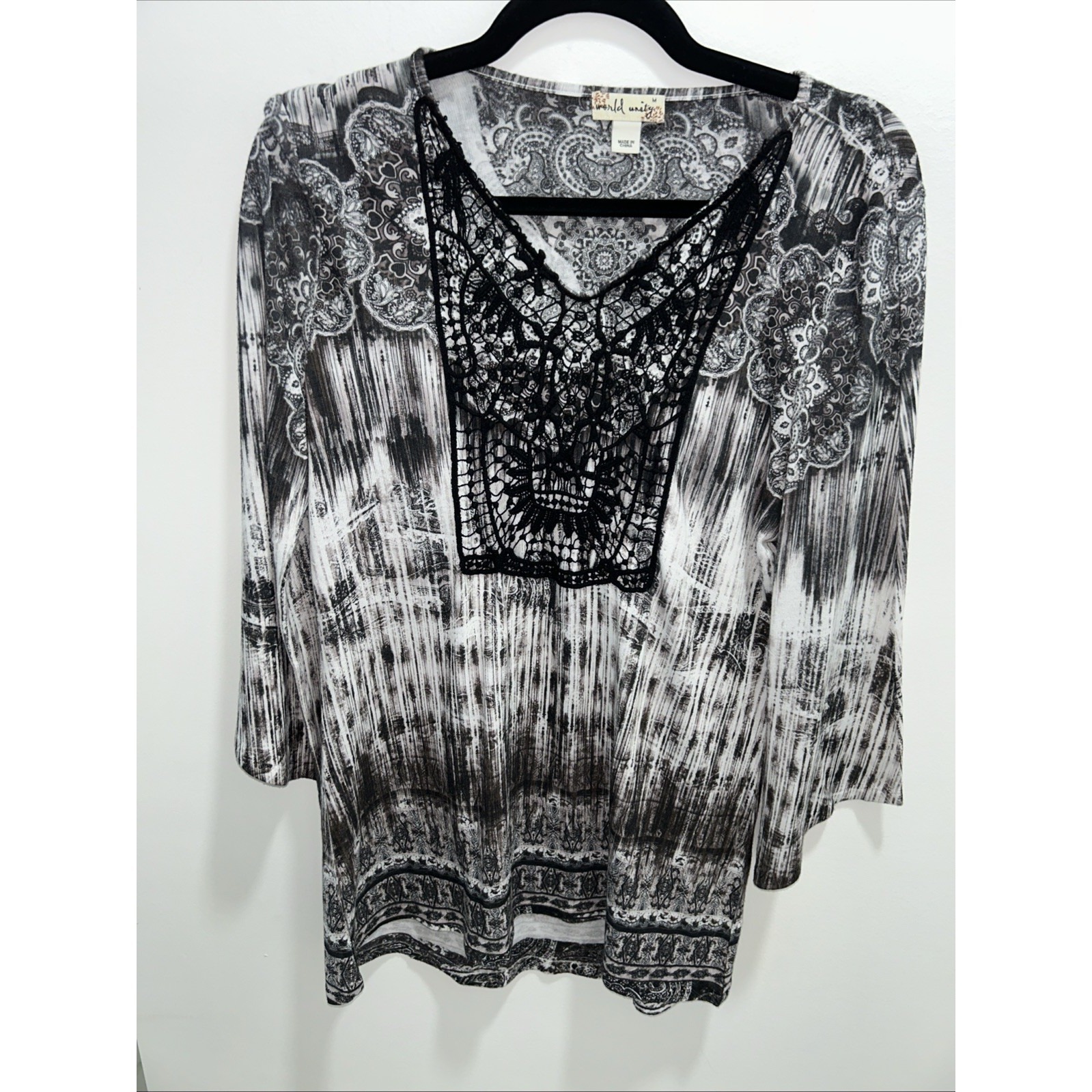 World Unity Women's Black White 3/4 Sleeve Embroidery Boho Pull Over Top